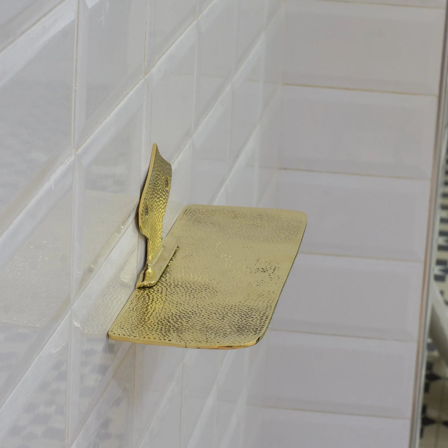 Hammered Solid Brass Floating Shelf, Bathroom Bottle Holder, Wall Mount Shelf Brass, Shampoo Hanger