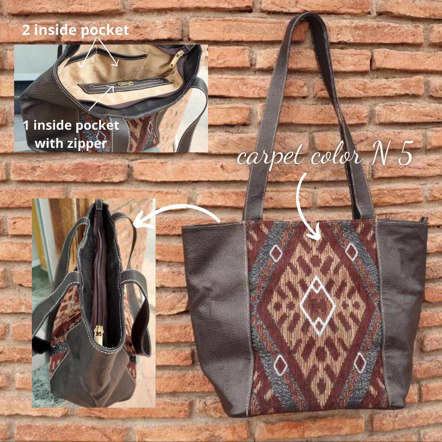 Tote Carpet Leather Bag - Handmade Women'S Fashion Cross-Body Handbag, Unique Gift for Her, Stylish Havana Leather Tote