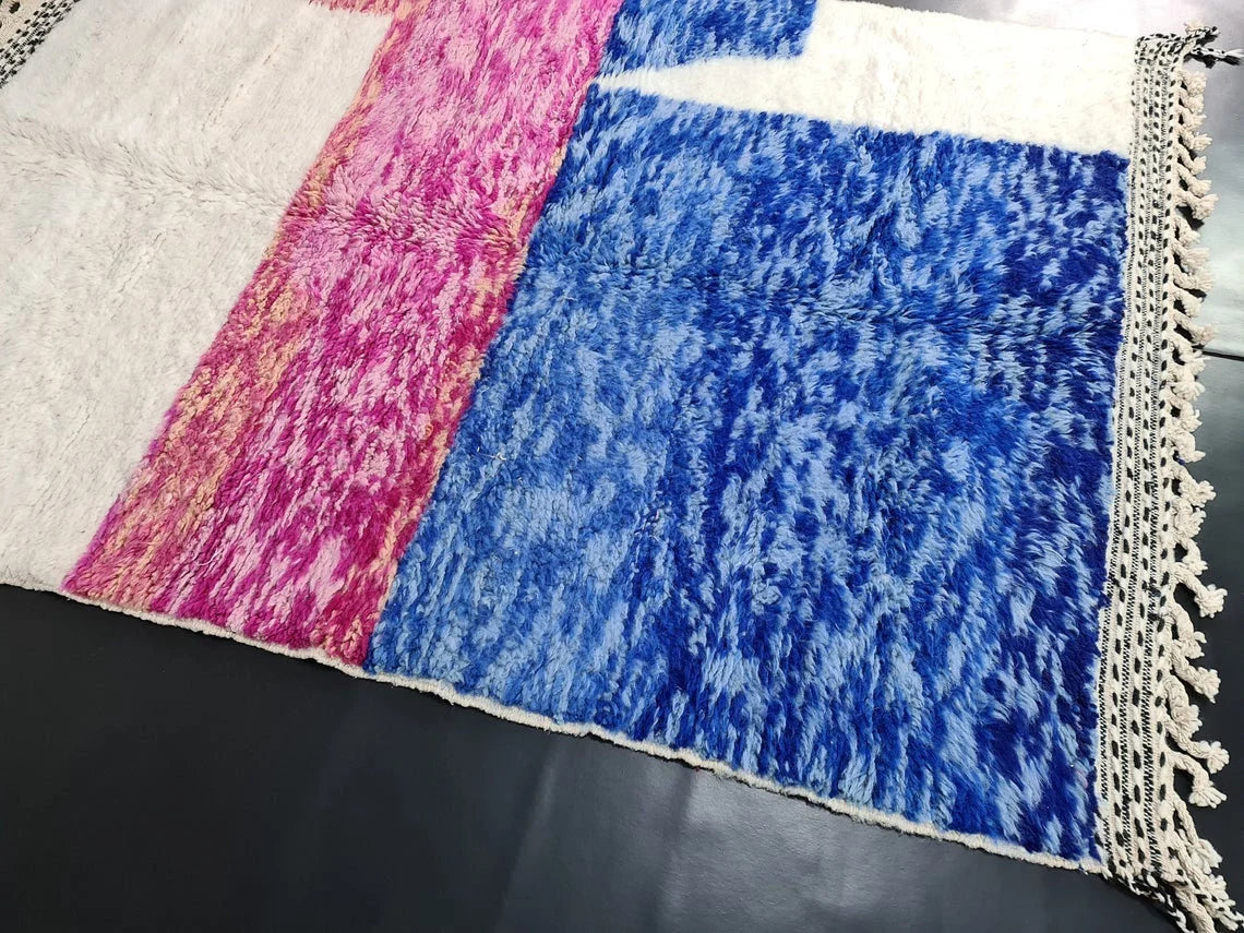 BENI OURAIN RUG, Fluffy Moroccan Rug, Handmade Custom Rug, Blue & Pink Area Rug, Beautiful Shag Beni Rug, Knotted Berber Carpet, Wool Rugs.