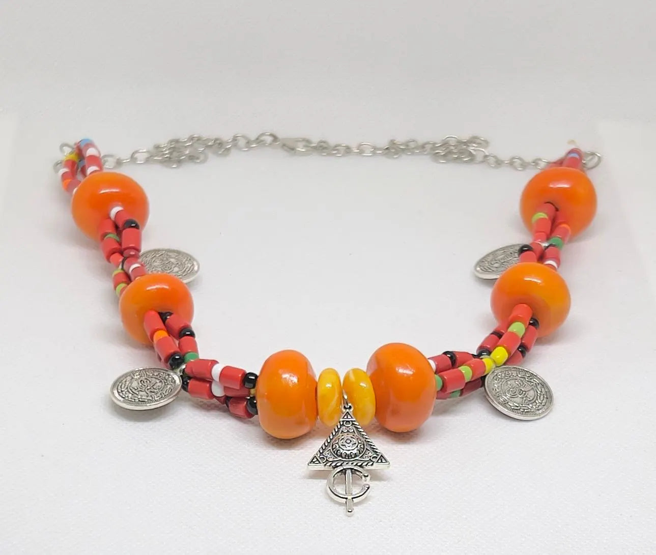 Handmade Moroccan Amber Necklace with Red Berber Coral Beads - Antique Silver Coins - Boho Necklace - Tribal Amazigh Pendant, Gift for Her