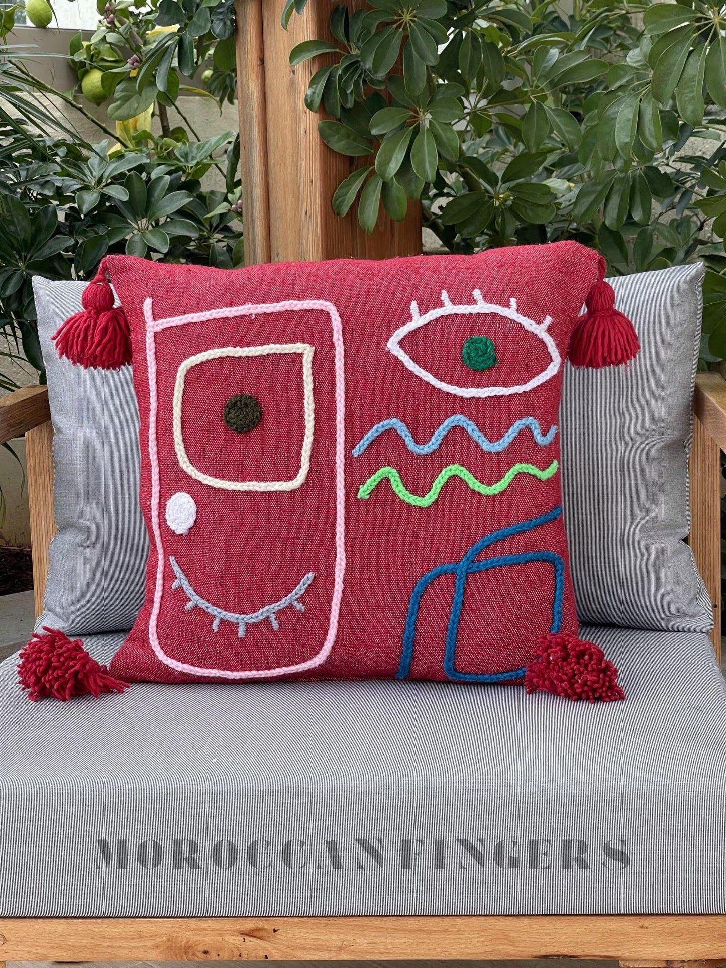 Abstract Face Pillow Covers 18X18 – Set of 2 Boho Cushion Covers, Handwoven Recycled Cotton, Handmade in Morocco