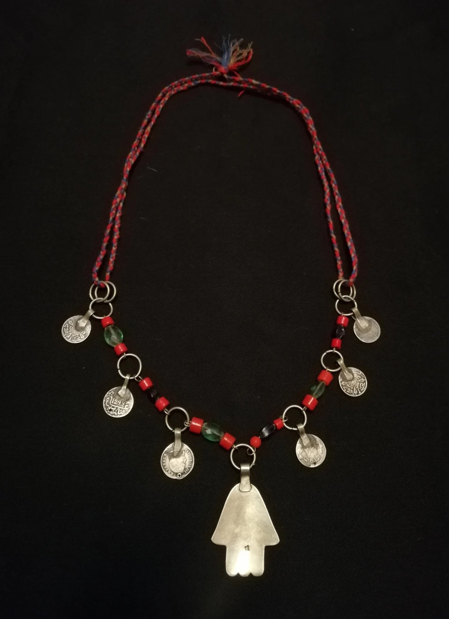 Quaint Amazigh Khamsa Coin and Glass Bead Necklace.