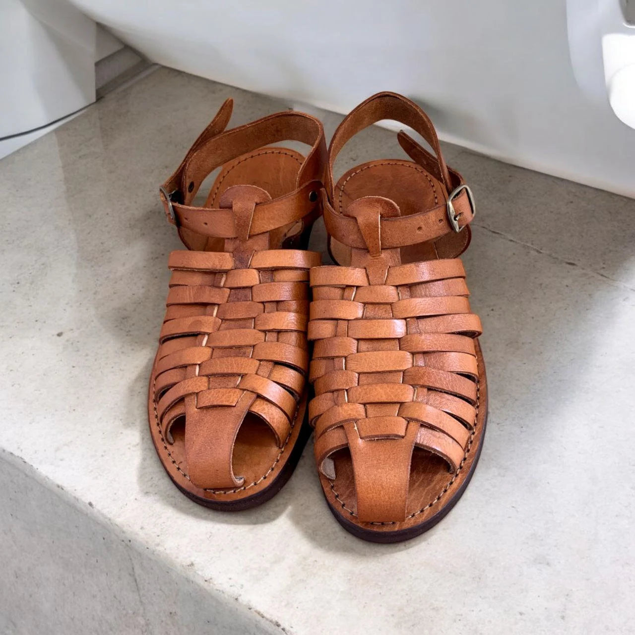 Women'S Handmade Brown Leather Fisherman Gladiator Sandals - Soft Footbed Barefoot Sandals with Adjustable Buckles