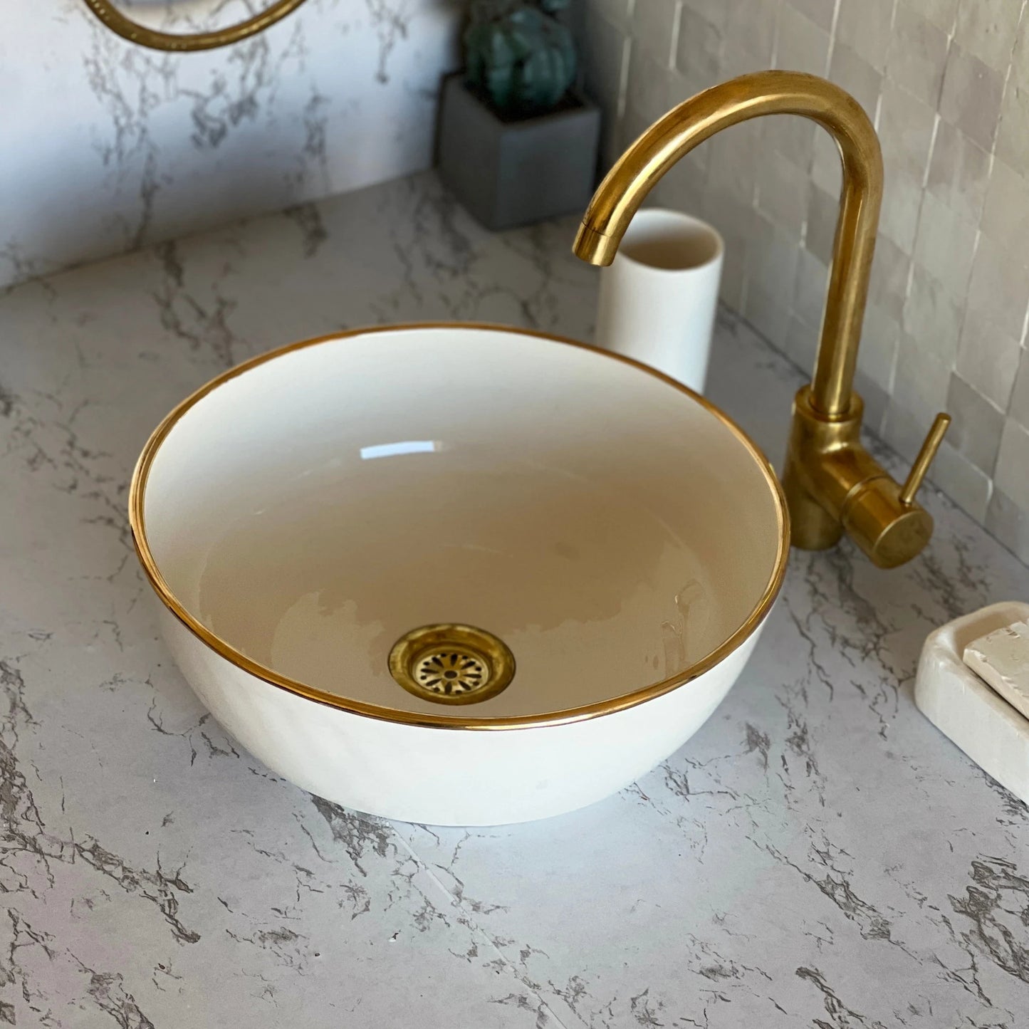 Antique Sink 14K Gold Rim, Set of Vessel Sink, Toothbrush Cup and Soap Dish, 14 Inch Sink Bowl, Ceramic Basin, Free Gift INCLUDED