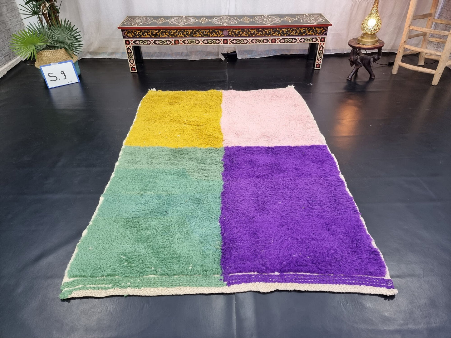 BENI OURAIN RUG 4X5, Multi-Color Moroccan Rug, Tribal Wool Rug, Fluffy Berber Carpet, Geometric & Funky Area Rug, Handmade Pink Boho Rug.