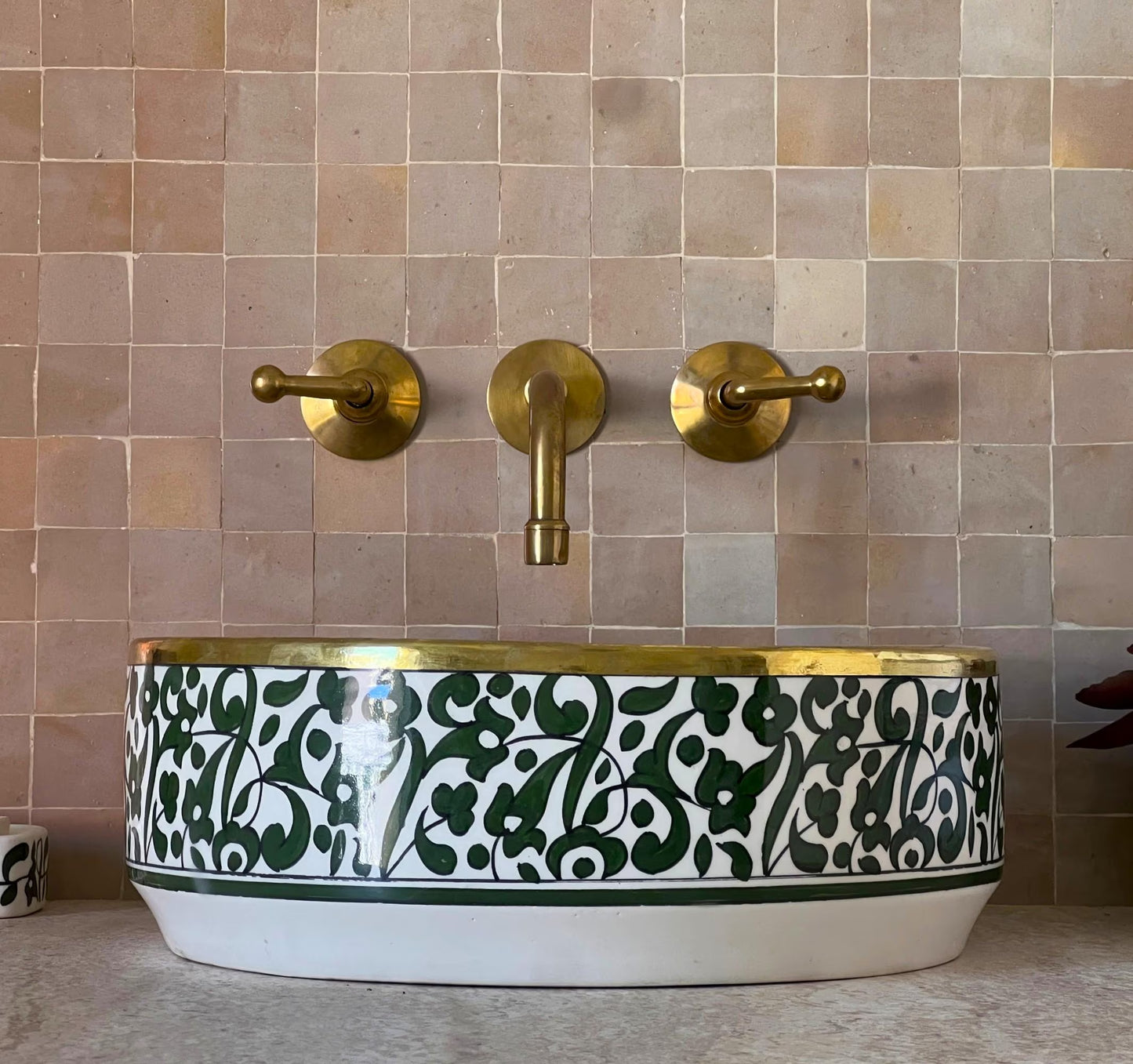 Antique Sink with Brass Rim Edge, Vessel Sink, Sink Bowl, Green Ceramic Basin, Hand Wash Basin, Free Gift INCLUDED
