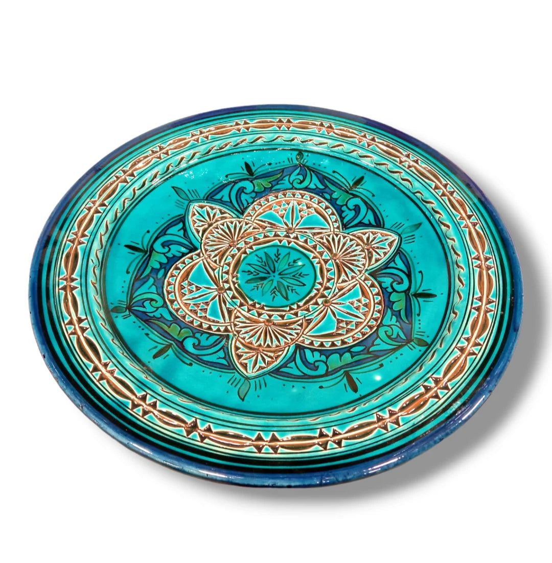 Moroccan Hand-Carved Pottery Plate: Artisanal 35Cm Serving Dish, Bohemian Decor, Turqoise Plate Home Decor Traditional Plate Dinnerware Dish