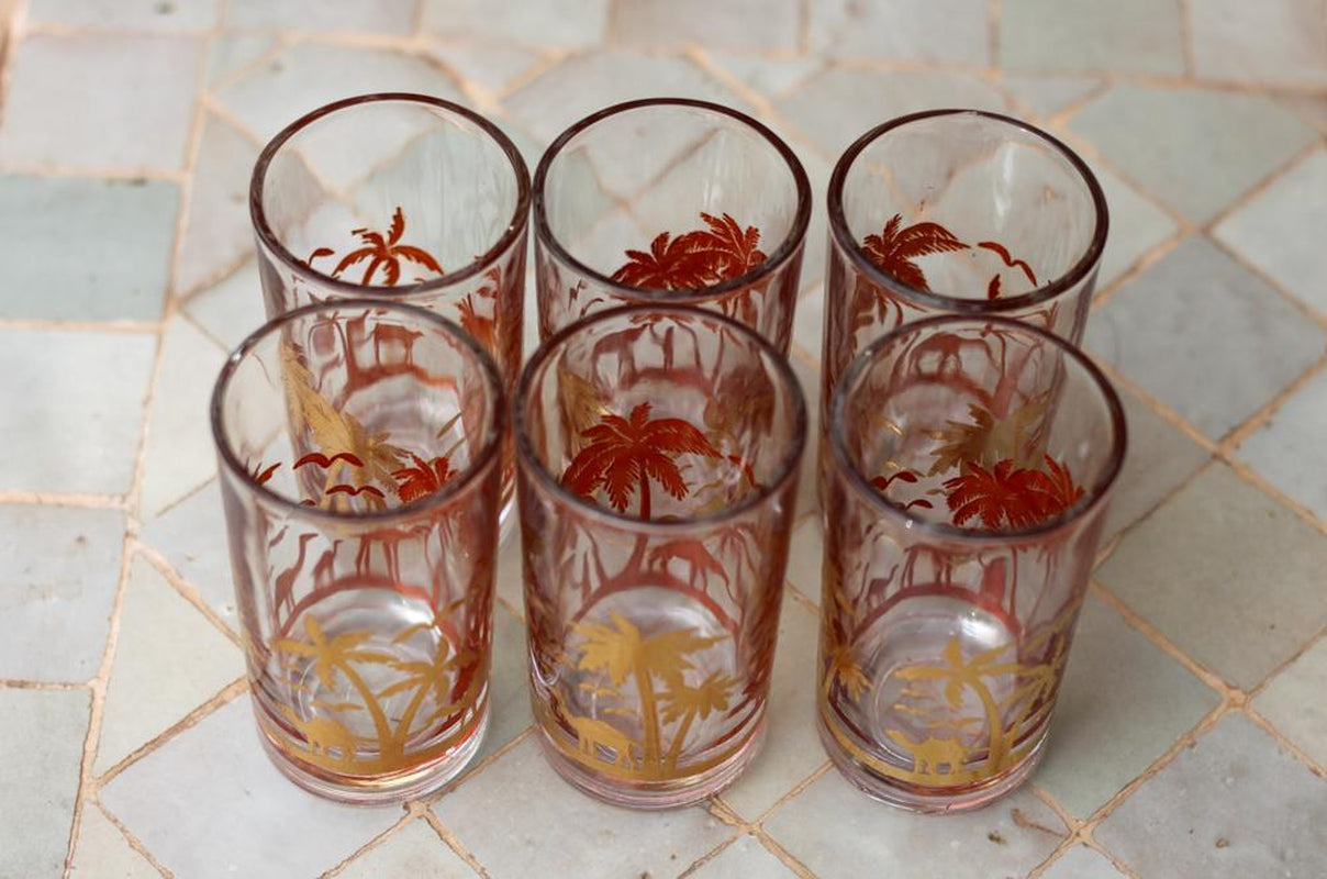 Moroccan Tea Glasses Set of 6 Gold Camel Palm Trees Drinking Glasses Drinkware Chai Glasses Tea Glasses Set Turkish Coffee Tea Glasses