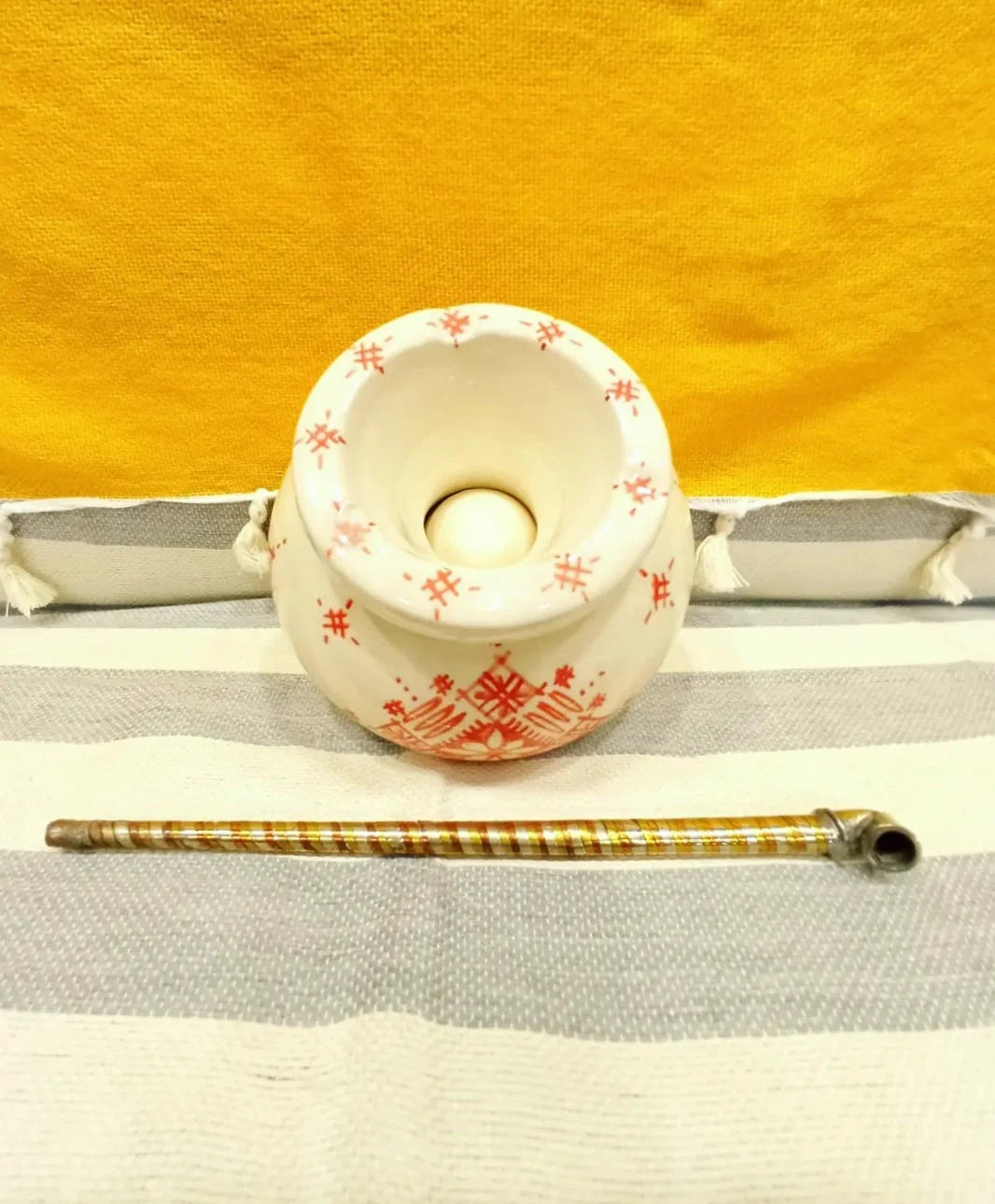Moroccan Ceramic Ashtray with Berber Desgine Painted by Hand Unique Ashtray, Decorative Ashtray, Red and White Ashtray with Handmade Pipe
