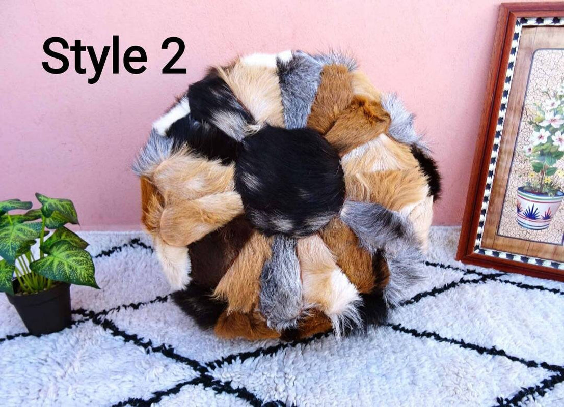Natural Goat Fur Pouf - 100% Genuine Real Handme Genuine Leather - Ottoman Footstool Hassock