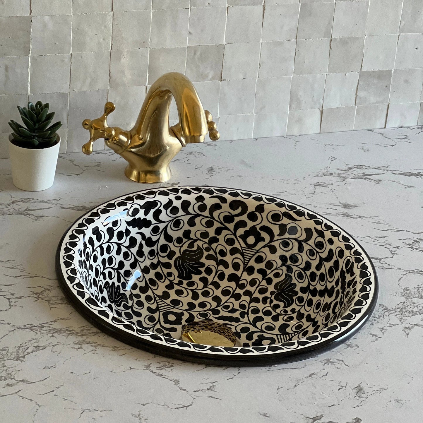 Bathroom Sink, Hand Painted Sink, Moroccan Handmade Vessel Sink, 14 Inch Sink Bowl, Flower Pattern Washbasin.