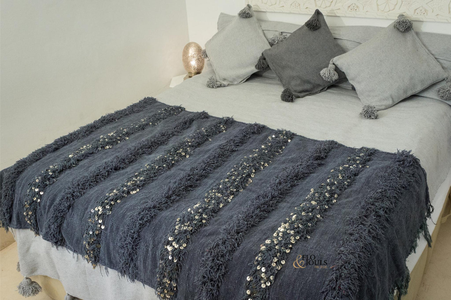 Handira Wedding Blanket | Moroccan Handmade Luxury Throw, Handira Black with Metal Sequins, Berber Rugs, Carpet, Woven Bed Throw Blanket