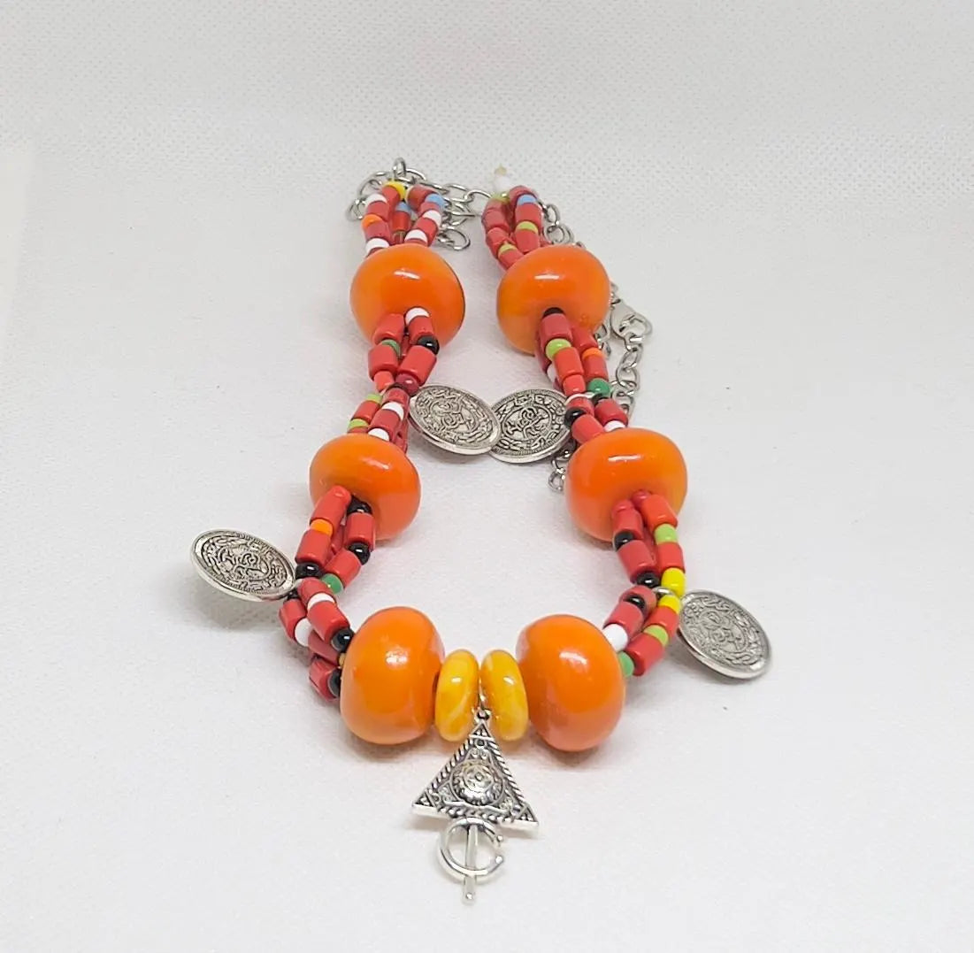 Handmade Moroccan Amber Necklace with Red Berber Coral Beads - Antique Silver Coins - Boho Necklace - Tribal Amazigh Pendant, Gift for Her
