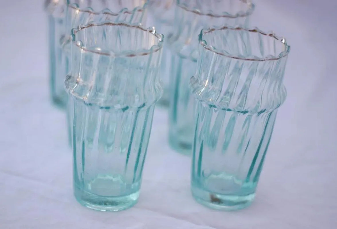 Vintage Ribbed Glassware Fluted Glasses Handmade 6 Piece Scalloped Drinking Glasses Moroccan Drinking Glasses Recycled Glass Stacking Cups