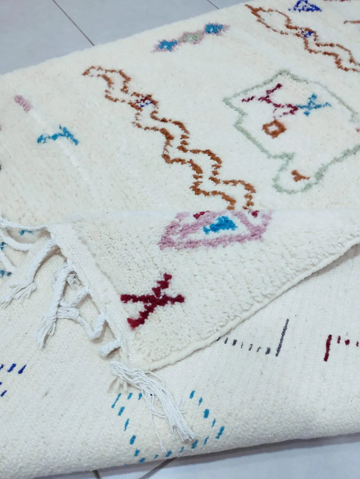 White Abstract Rug | Moroccan Wool Carpet | Handwoven with Vibrant Colorful Motifs | Berber Art Design