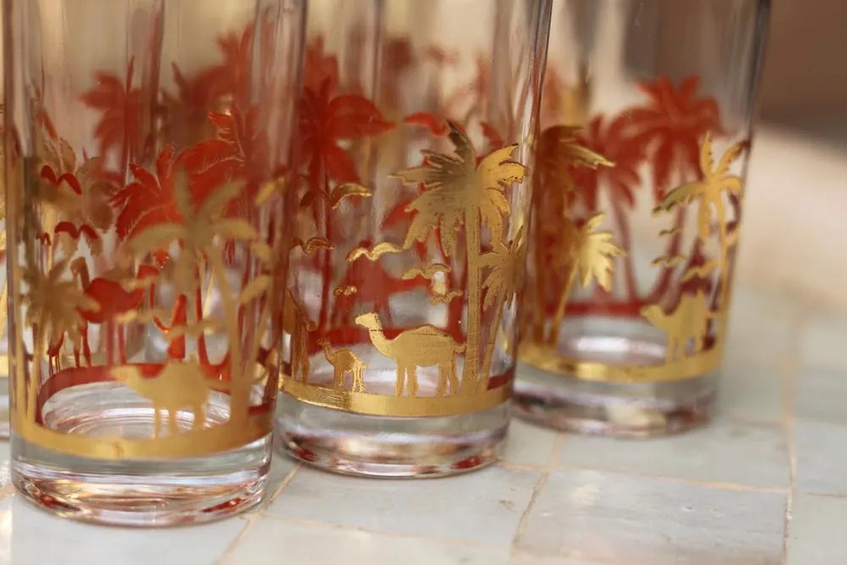 Moroccan Tea Glasses Set of 6 Gold Camel Palm Trees Drinking Glasses Drinkware Chai Glasses Tea Glasses Set Turkish Coffee Tea Glasses