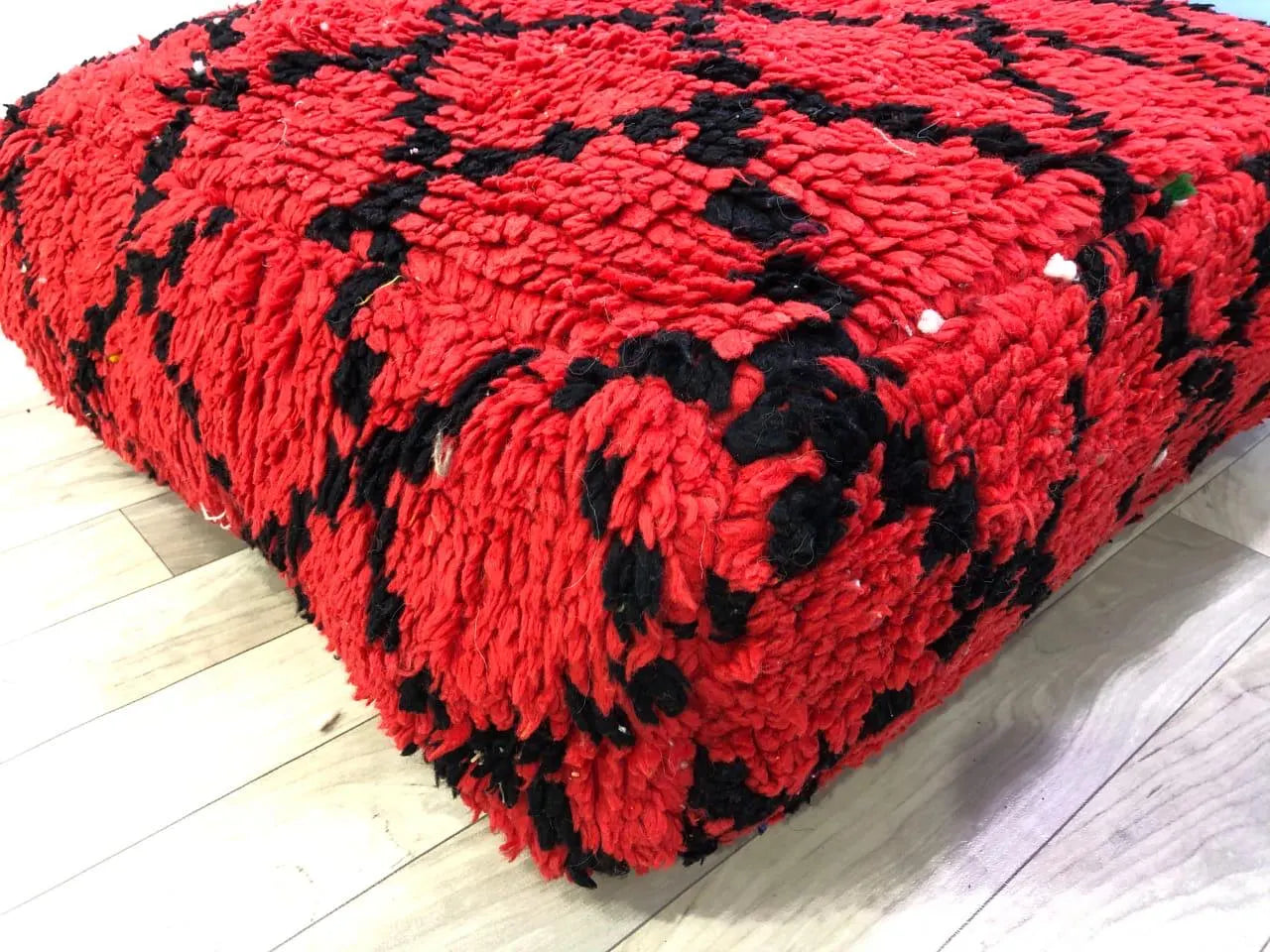 Vintage Moroccan Kilim Pouf Ottoman, Red Floor Cushion, Handcrafted Moroccan Pillow, Boho Chic Floor Pillow, Moroccan Kilim Pouf