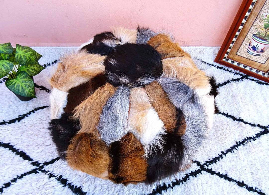 Natural Goat Fur Pouf - 100% Genuine Real Handme Genuine Leather - Ottoman Footstool Hassock