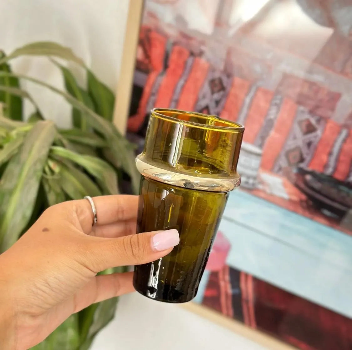 Handblown Moroccan Recycled Glass Pitcher & Cup Set – Amber Green Water Jug Tumblers – Eco-Friendly Glassware – Handmade Drinkware Gift