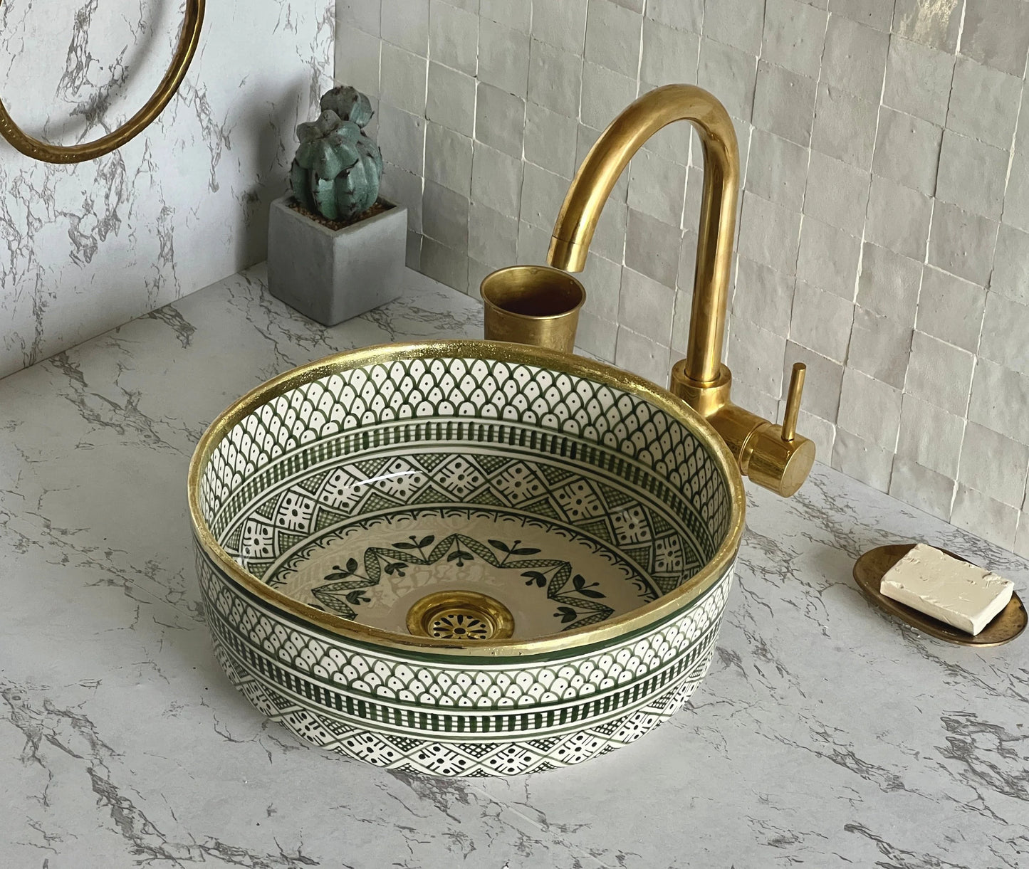 Antique Sink with Brass Rim Edge, Vessel Sink, Sink Bowl, Ceramic Basin, Hand Wash Basin, Free Gift INCLUDED