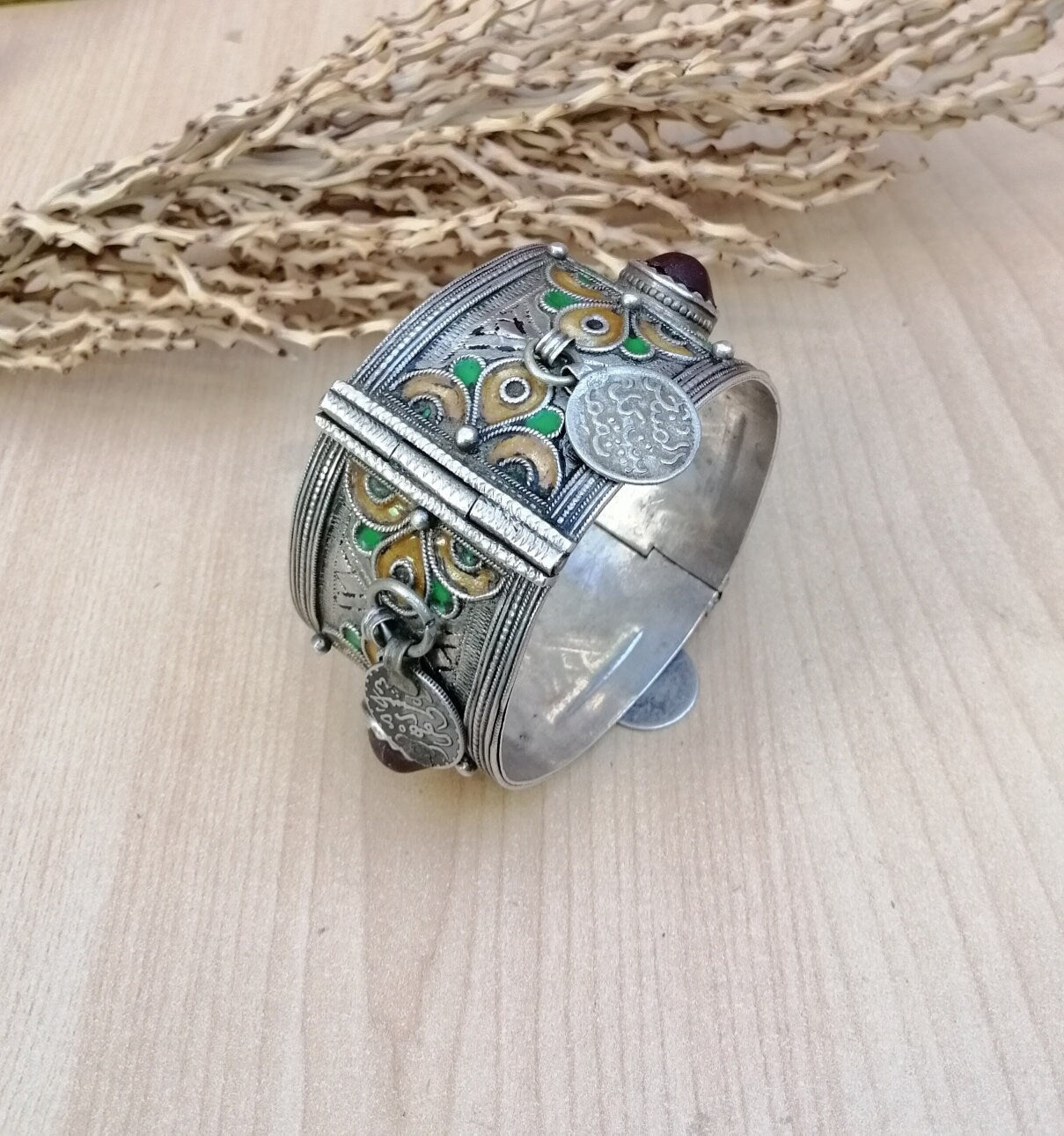 Vintage Berber Silver and Enamel Wedding Cuff Bracelet with Glass Gems and Coins