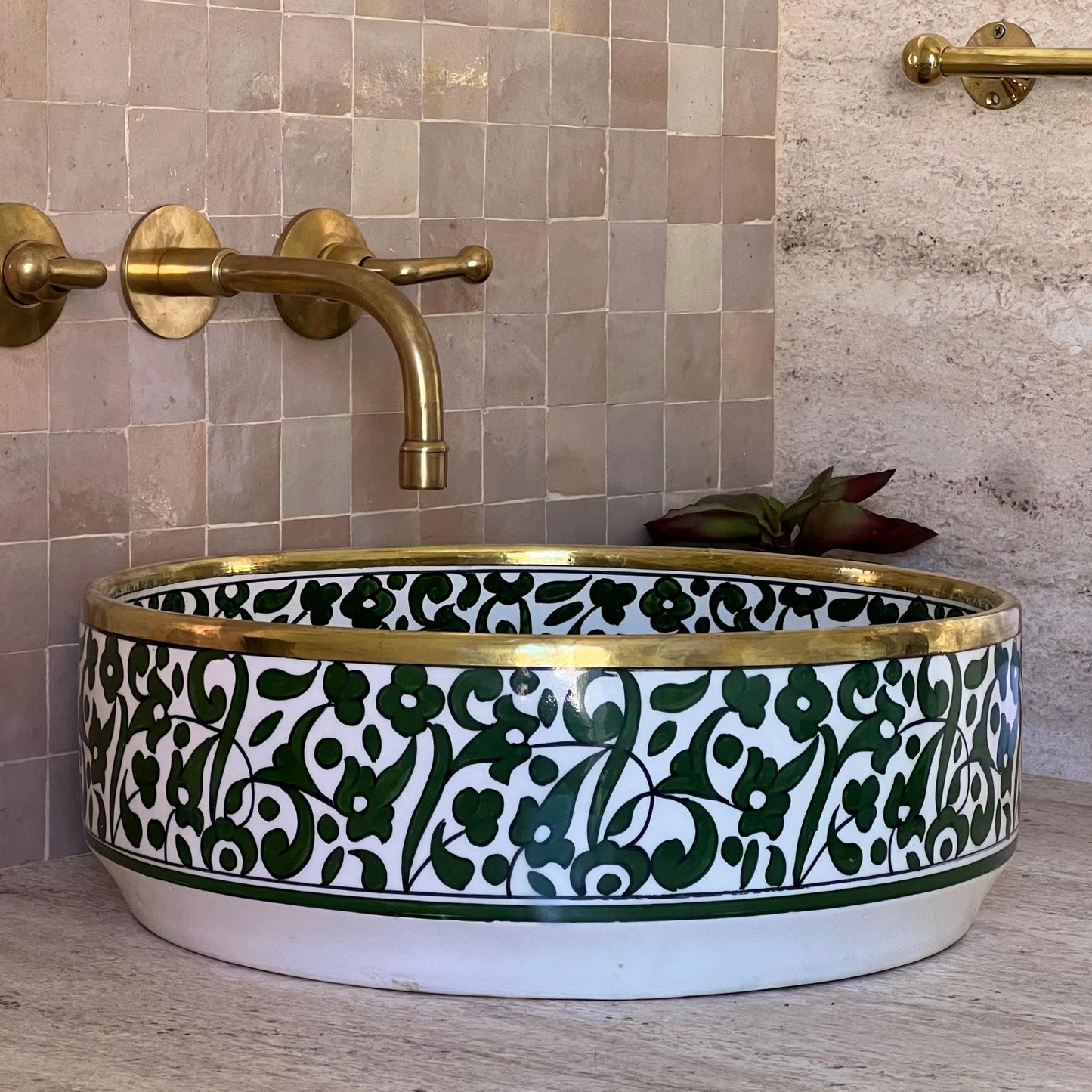 Antique Sink with Brass Rim Edge, Vessel Sink, Sink Bowl, Green Ceramic Basin, Hand Wash Basin, Free Gift INCLUDED