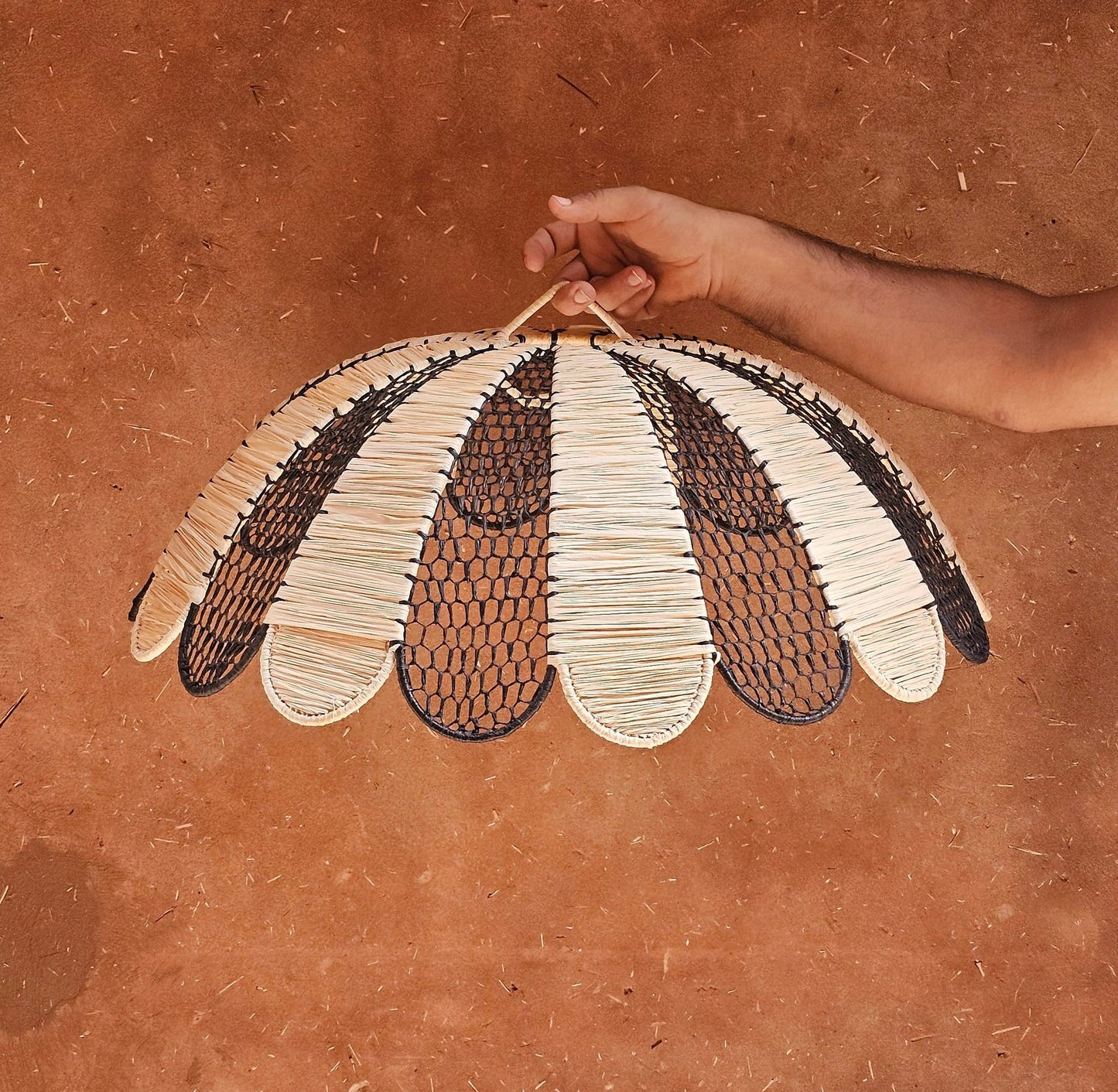 Raffia Pendant Light , Hanging Lamp Shade in Raffia Black and White