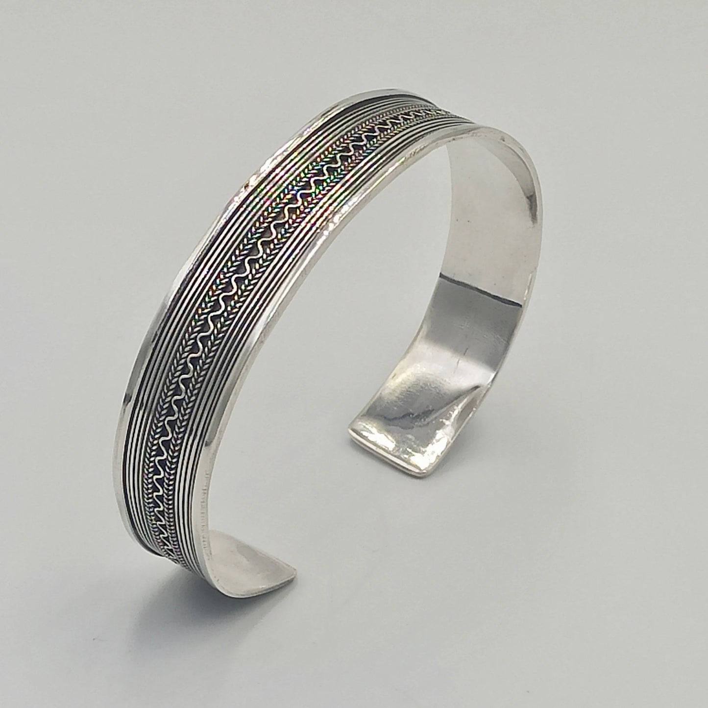 Bangle Bracelet 925 Sterling Silver Open Charm, Fine Jewelry Cuff Bracelet, Bracelet Decorated with Silver Wires, Handmade in Tiznit Morocco
