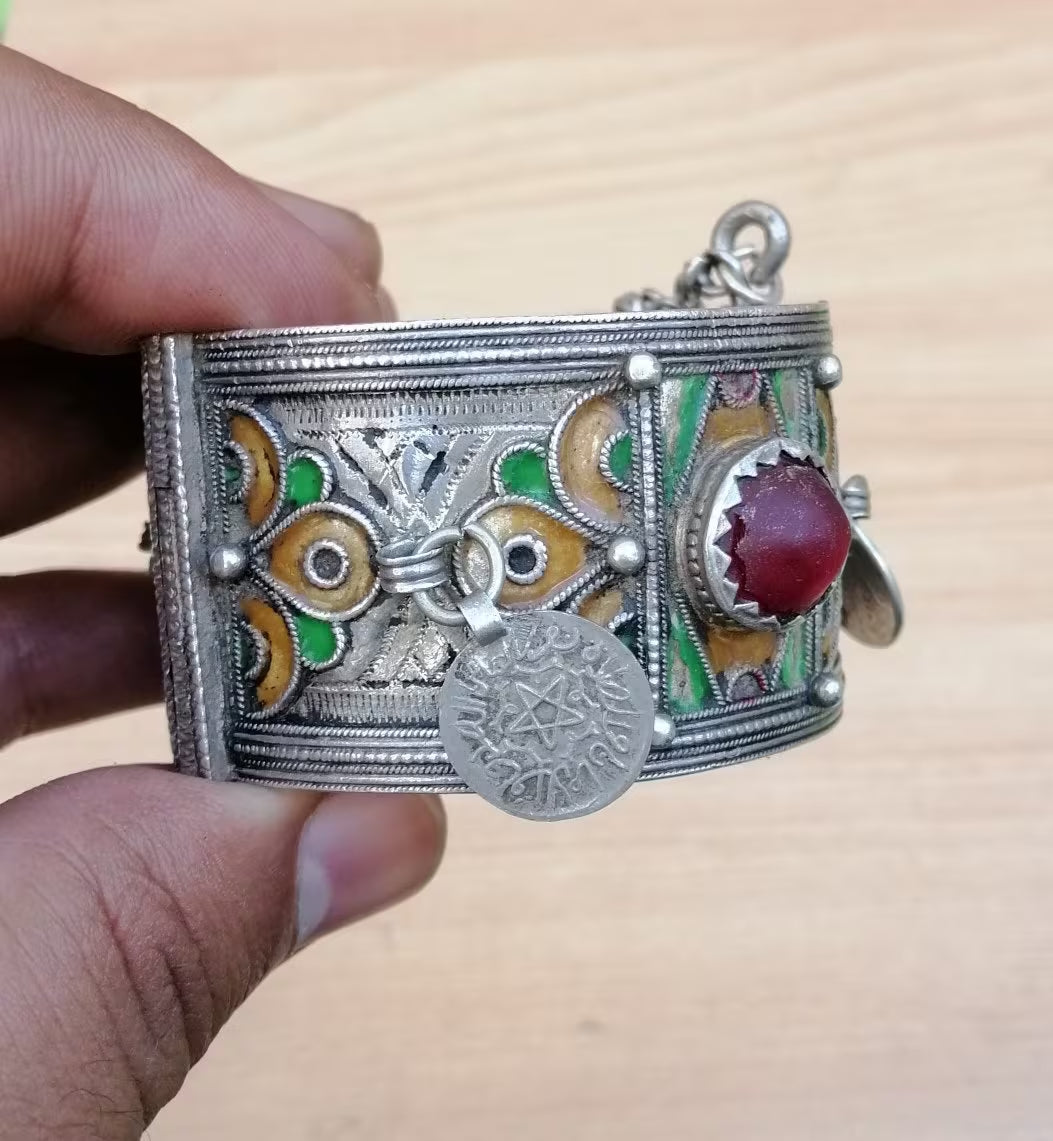 Vintage Berber Silver and Enamel Wedding Cuff Bracelet with Glass Gems and Coins