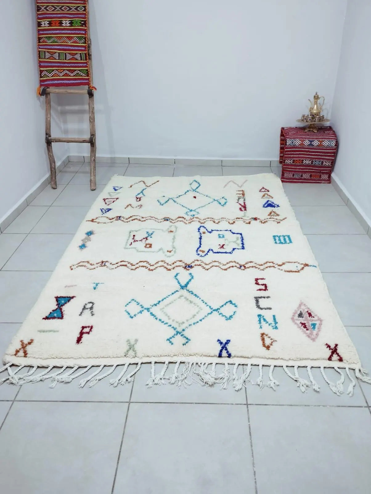 White Abstract Rug | Moroccan Wool Carpet | Handwoven with Vibrant Colorful Motifs | Berber Art Design