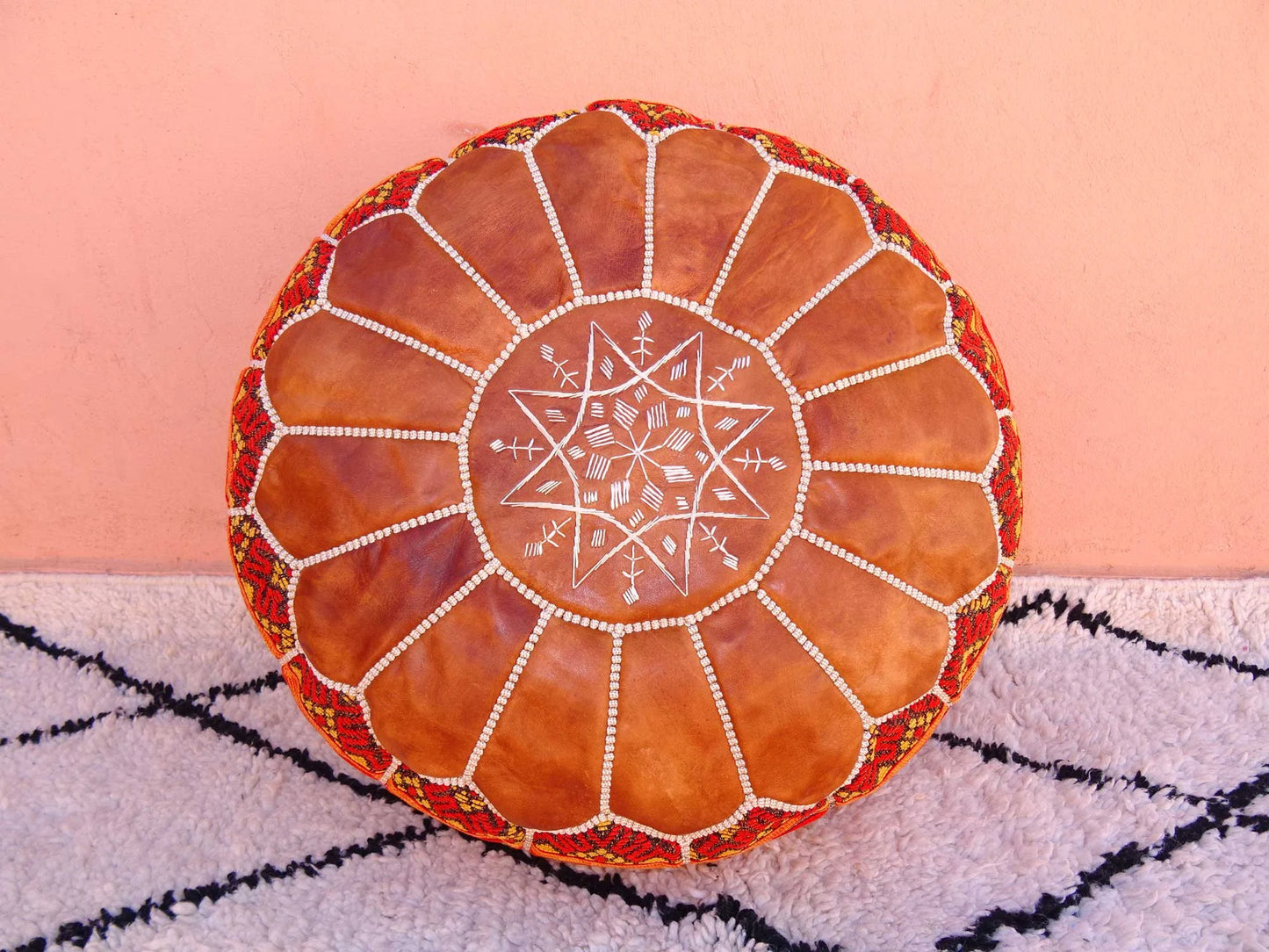Moroccan Footstool Pouf Made of Leather and Cloth - Moroccan Ottoman Pouf from Genuine Leather - Decor Home