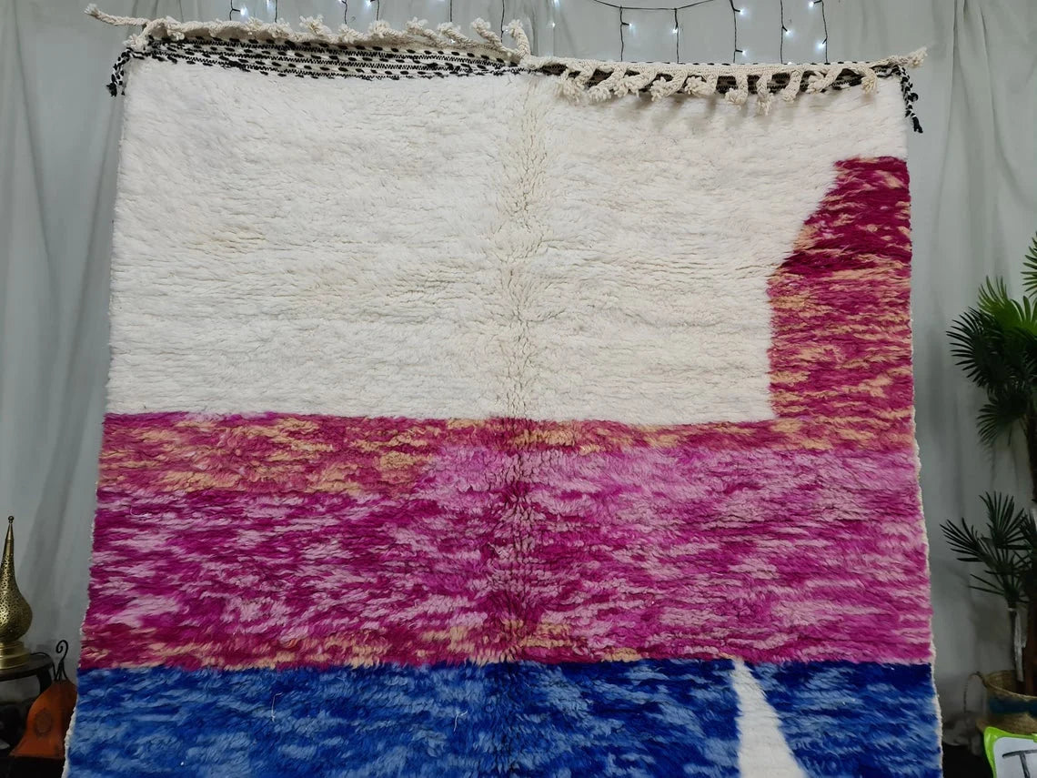 BENI OURAIN RUG, Fluffy Moroccan Rug, Handmade Custom Rug, Blue & Pink Area Rug, Beautiful Shag Beni Rug, Knotted Berber Carpet, Wool Rugs.
