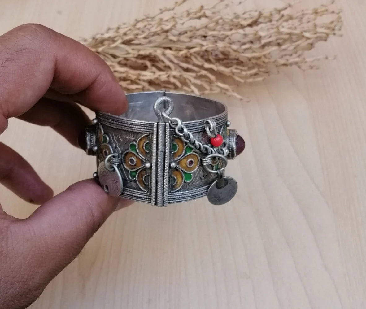 Vintage Berber Silver and Enamel Wedding Cuff Bracelet with Glass Gems and Coins