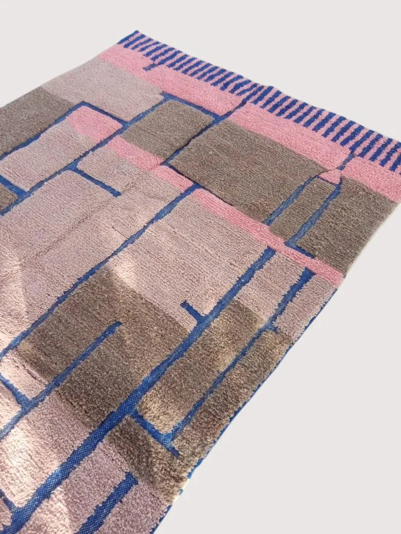 Colorful Moroccan Beni Ourain Rug | Handwoven Wool Carpet | Berber Geometric Design | Pink, Blue & Brown