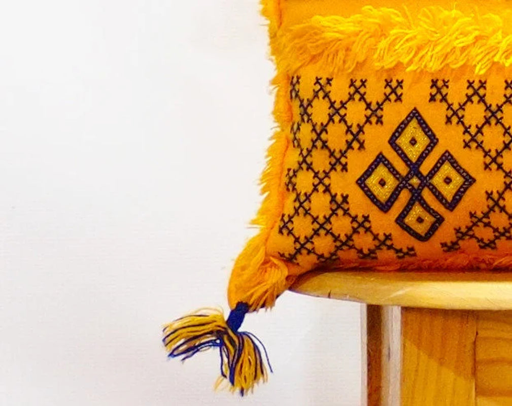 Yellow Wedding Blanket Pillow | Handira Blanket Cushion Cover Wool Pillow Cover with Sequins