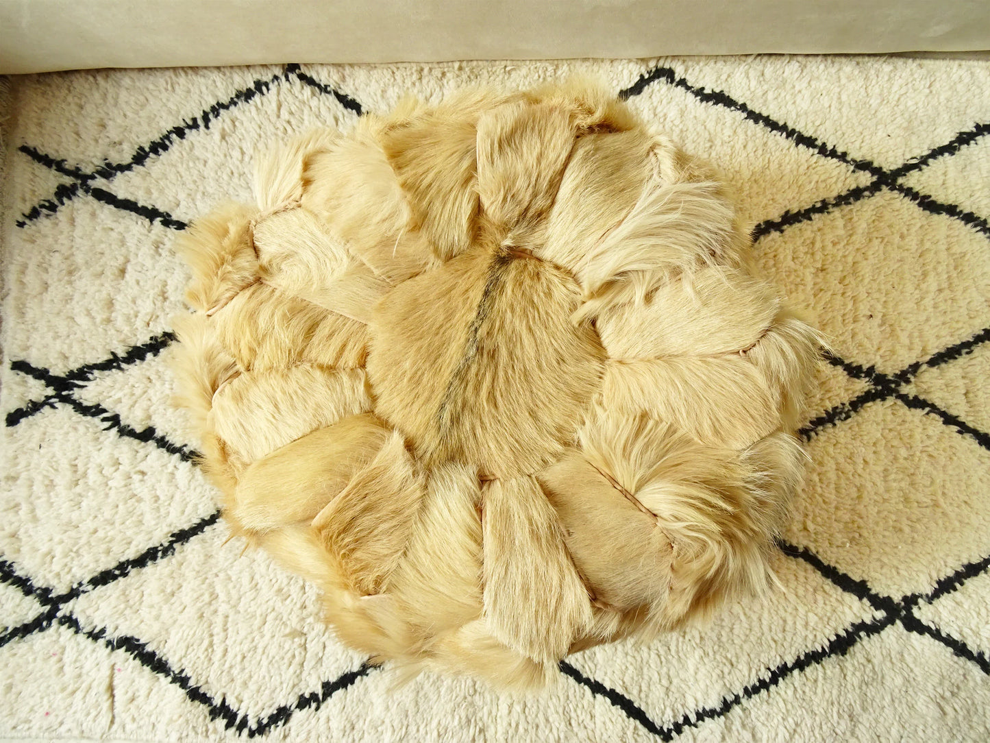 Natural Goat Fur Pouf - 100% Genuine Real Handme Genuine Leather - Ottoman Footstool Hassock