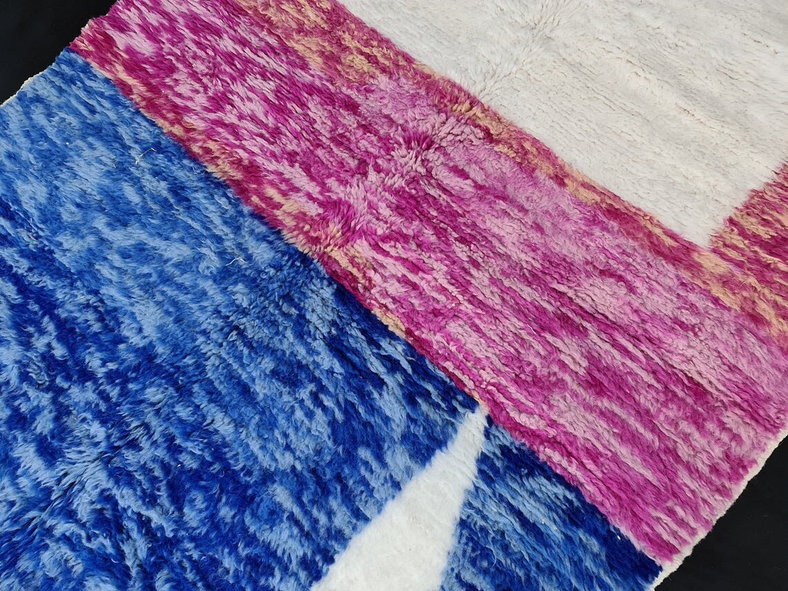 BENI OURAIN RUG, Fluffy Moroccan Rug, Handmade Custom Rug, Blue & Pink Area Rug, Beautiful Shag Beni Rug, Knotted Berber Carpet, Wool Rugs.