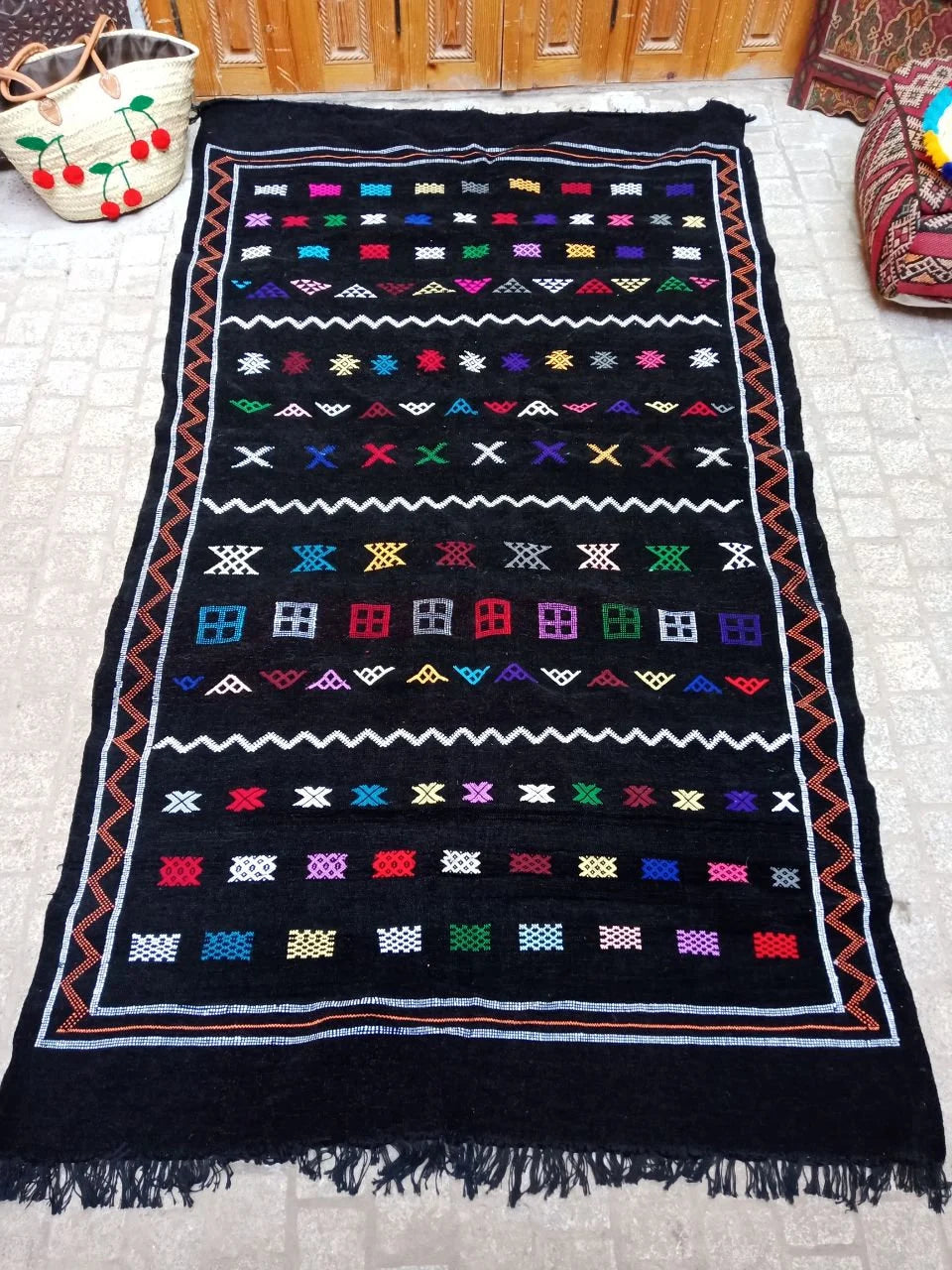 Moroccan Berber Rug . Moroccan Black Kilim Handmade Wool Rug Authentic Azilal Area Carpet