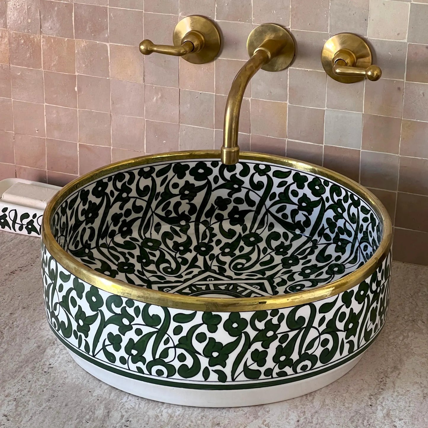 Antique Sink with Brass Rim Edge, Vessel Sink, Sink Bowl, Green Ceramic Basin, Hand Wash Basin, Free Gift INCLUDED