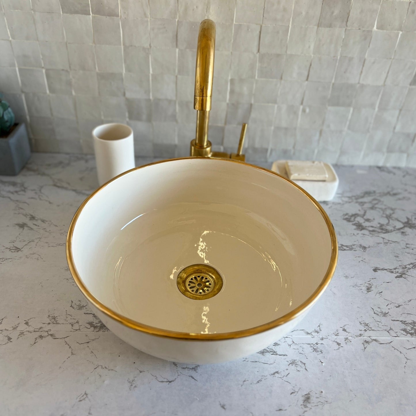 Antique Sink 14K Gold Rim, Set of Vessel Sink, Toothbrush Cup and Soap Dish, 14 Inch Sink Bowl, Ceramic Basin, Free Gift INCLUDED