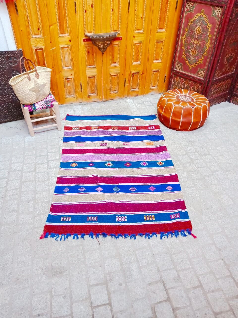 Cactus Silk Rug 3×5 Ft, Moroccan Cactus Silk Kilim Handmade .Cactus Silk Rug ,Sabra Carpet Berber Authentic Azilal Area Rug. Colorful Rug