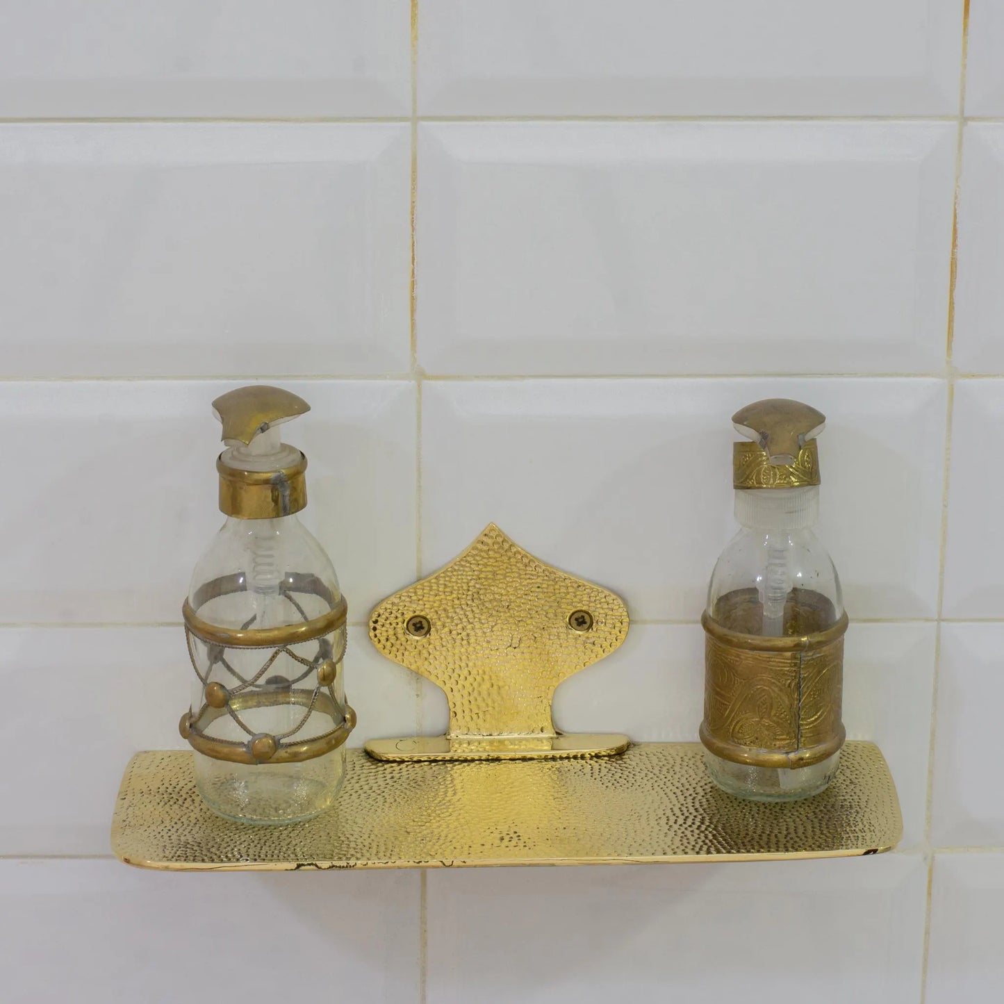 Hammered Solid Brass Floating Shelf, Bathroom Bottle Holder, Wall Mount Shelf Brass, Shampoo Hanger