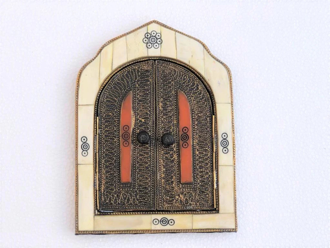 Small Handmade Moroccan Bone Mirror with Small Decorative Doors - Warm-Toned Frame