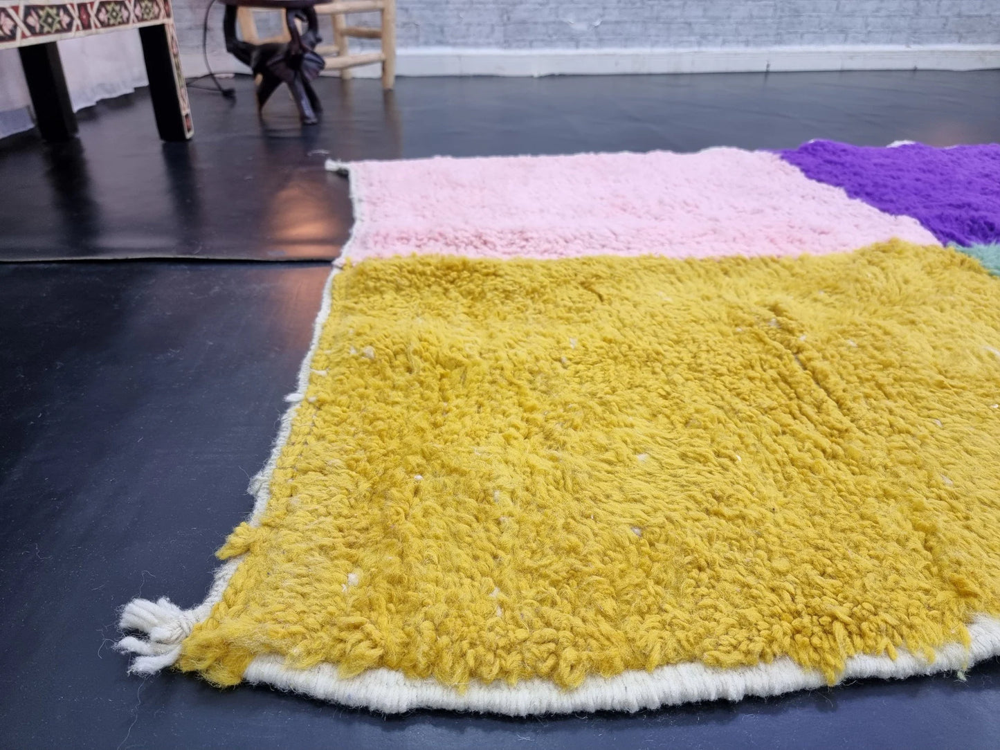 BENI OURAIN RUG 4X5, Multi-Color Moroccan Rug, Tribal Wool Rug, Fluffy Berber Carpet, Geometric & Funky Area Rug, Handmade Pink Boho Rug.