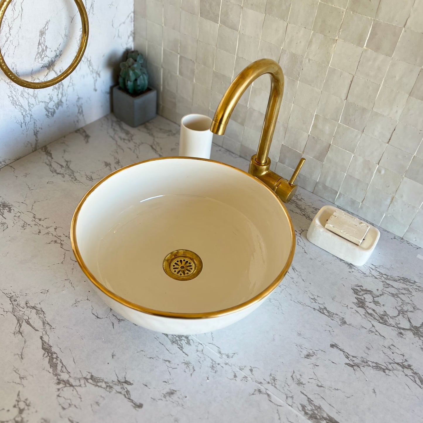 Antique Sink 14K Gold Rim, Set of Vessel Sink, Toothbrush Cup and Soap Dish, 14 Inch Sink Bowl, Ceramic Basin, Free Gift INCLUDED
