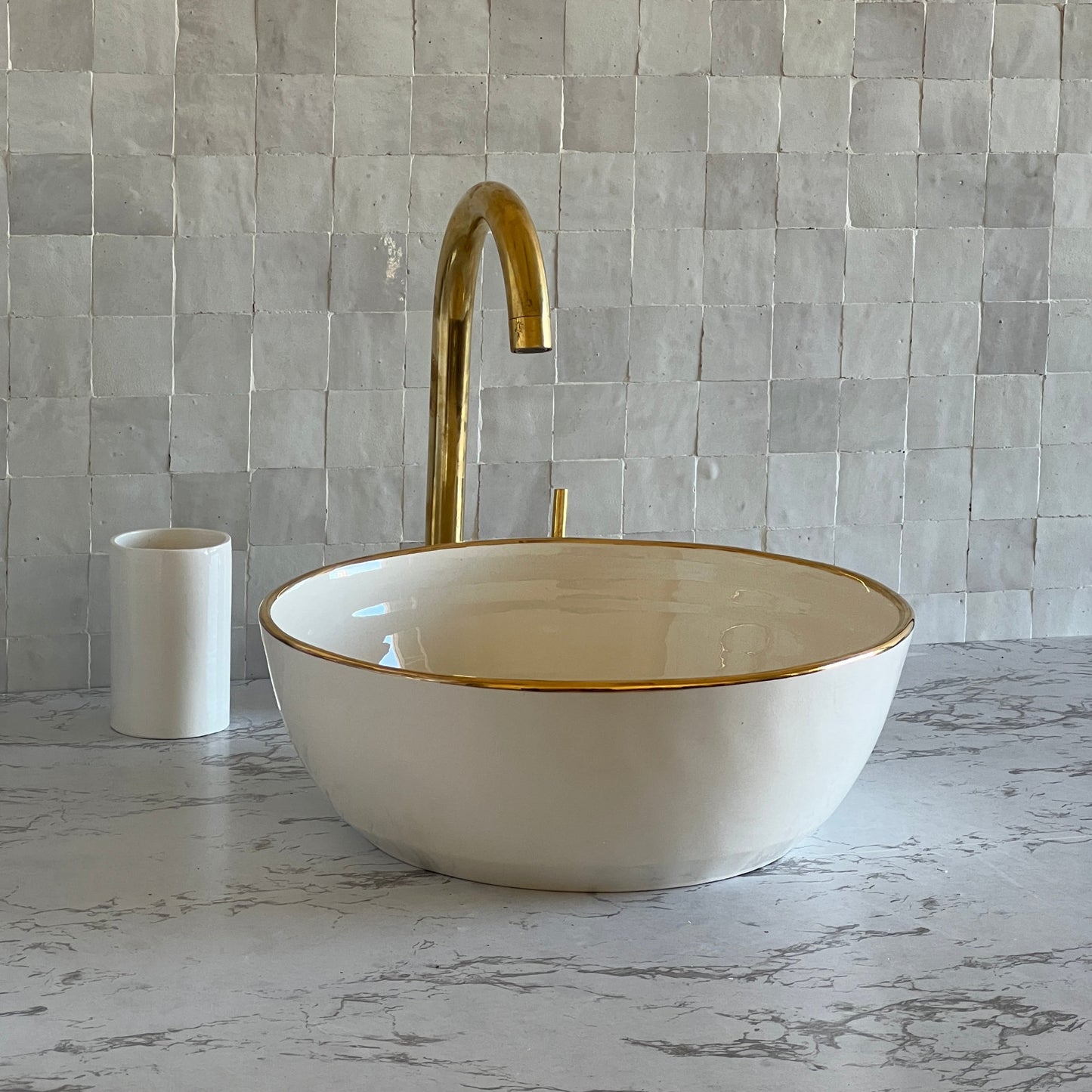 Antique Sink 14K Gold Rim, Set of Vessel Sink, Toothbrush Cup and Soap Dish, 14 Inch Sink Bowl, Ceramic Basin, Free Gift INCLUDED
