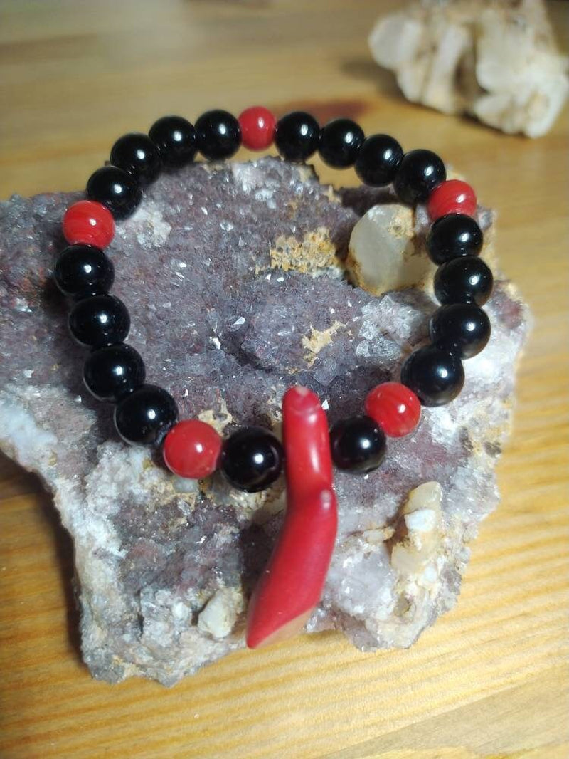 Beautiful Bracelet, Handmade, Black Agate round Beads, Coral Pendant, Gift Idea, for Here.