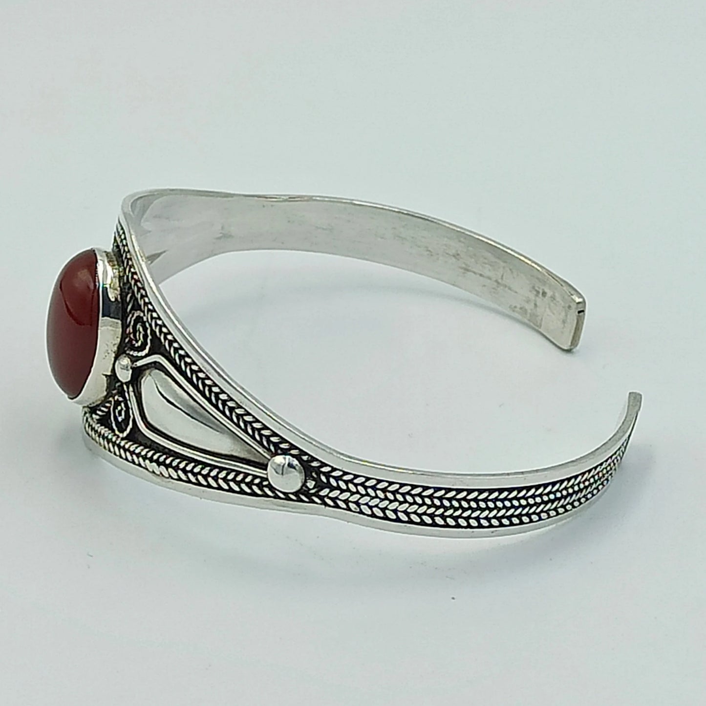 Women'S 925 Sterling Silver Handcrafted Adjustable Bracelet, Open Cuff Berber Engrave Design Boho Bangle with a Brown Bead