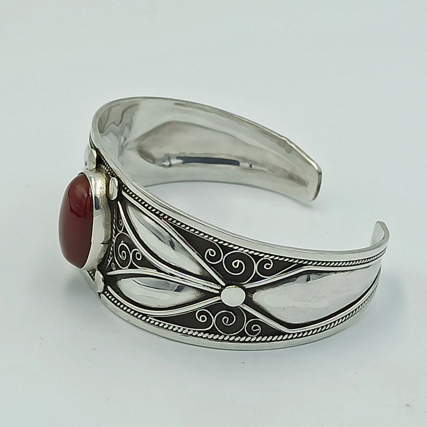 Women'S 925 Sterling Silver Handcrafted Adjustable Bracelet, Open Cuff Berber Engrave Design Boho Bangle with a Brown Bead