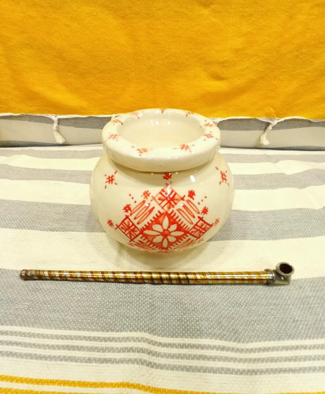 Moroccan Ceramic Ashtray with Berber Desgine Painted by Hand Unique Ashtray, Decorative Ashtray, Red and White Ashtray with Handmade Pipe